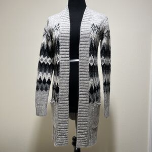 American Eagle Fair Isles Gray Print  Open front Cardigan Sweater Duster Women